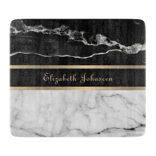 黒エレガントモダン白の大理石金ゴールドストライプ カッティングボード (正面)