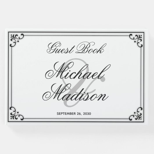 黒エレガントモダン白の結婚ゲストブック ゲストブック (正面)