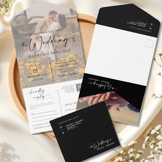 黒エレガントモダン白アーチQRコード写真 オールインワン招待状