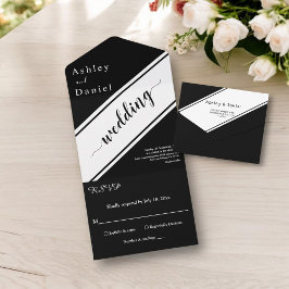 黒エレガントモダン白シック結婚ズ オールインワン招待状