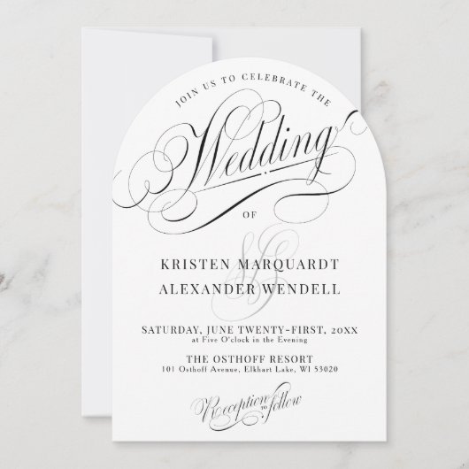 黒エレガントモダン白シンプルアーチ結婚ズ 招待状 (正面)