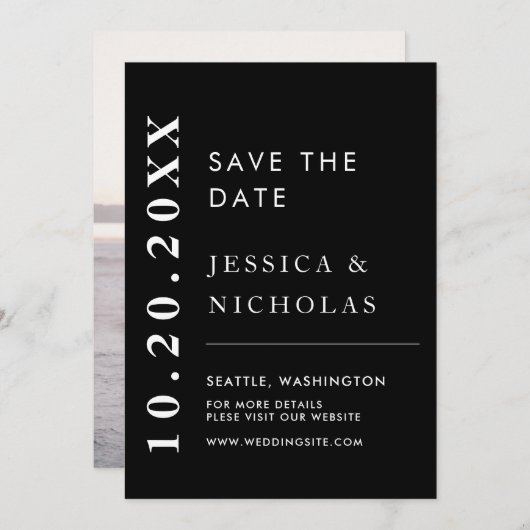 黒エレガントモダン白シンプル結婚写真 セーブザデート (正面/裏面)
