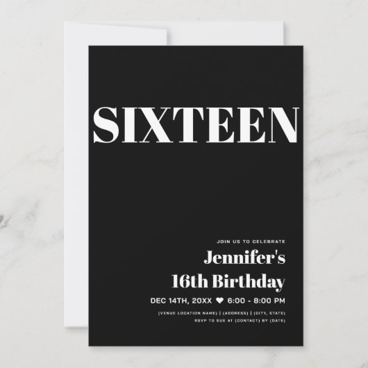 黒エレガントモダン白スウィート16タイポグラフィ 招待状