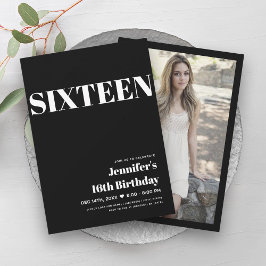 黒エレガントモダン白スウィート16タイポグラフィ 招待状