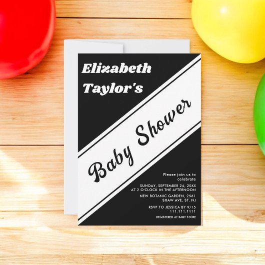 黒エレガントモダン白トレンディー赤ちゃんシャワー 招待状
