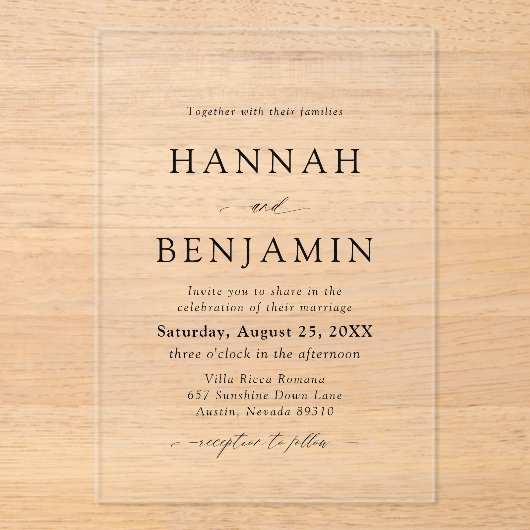 黒エレガントモダン白ミニマル結婚リスト アクリル招待状 (正面)