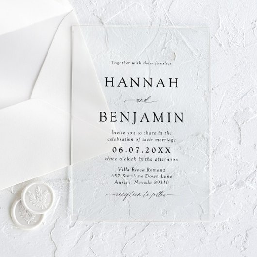 黒エレガントモダン白ミニマル結婚リスト アクリル招待状