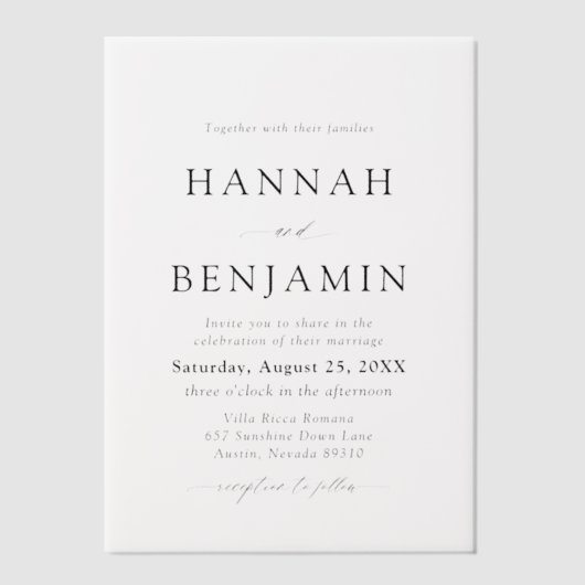 黒エレガントモダン白ミニマル結婚リスト ベラム紙招待状 (正面)