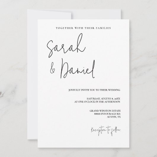 黒エレガントモダン白ミニマル結婚リスト 招待状 (正面)