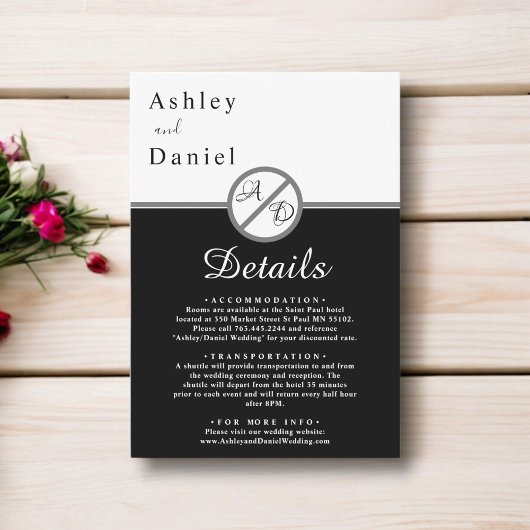 黒エレガントモダン白モノグラム結婚の エンクロージャーカード