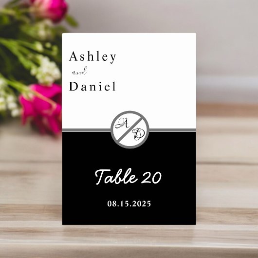 黒エレガントモダン白モノグラム結婚の テーブルナンバー