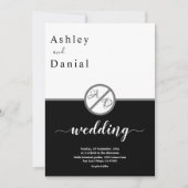 黒エレガントモダン白モノグラム結婚の 招待状 (正面)