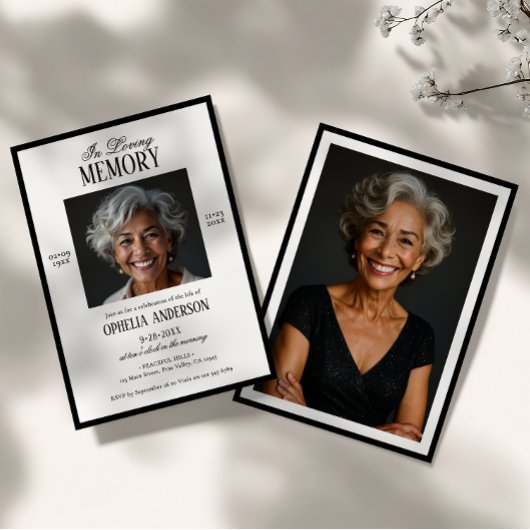 黒エレガントモダン白2写真葬式 招待状