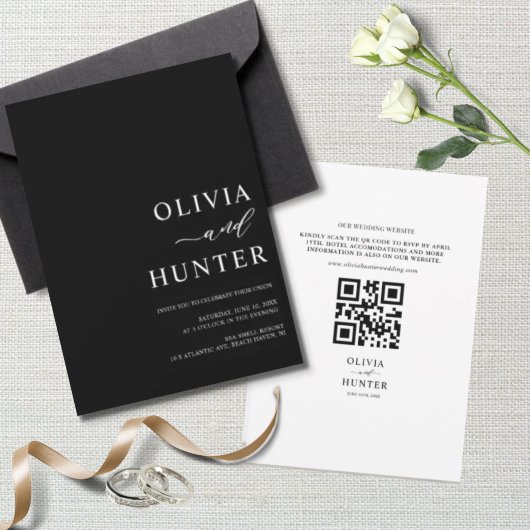 黒エレガントモダン結婚のオールインワン 招待状