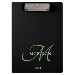 黒エレガントモダン緑スクリプトモノグラム クリップボード