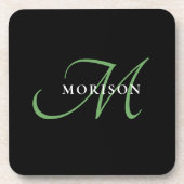 黒エレガントモダン緑スクリプトモノグラム コースター (正面)