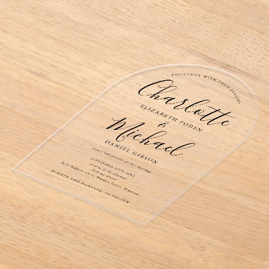 黒エレガントモダン署名スクリプトアー結婚チ アクリル招待状 (レイダウン)