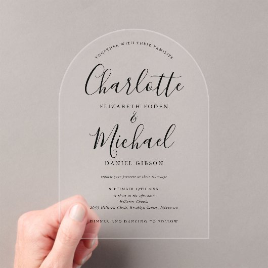 黒エレガントモダン署名スクリプトアー結婚チ アクリル招待状 (インサイチュ (ポータブル))