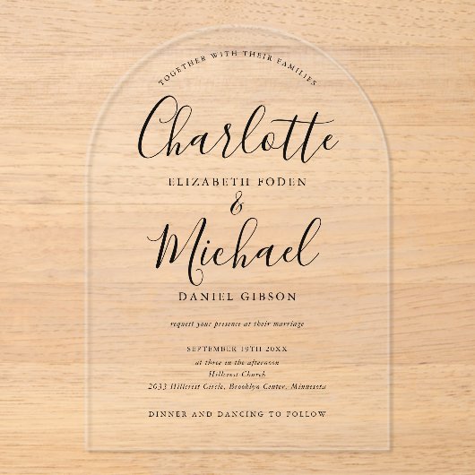 黒エレガントモダン署名スクリプトアー結婚チ アクリル招待状 (正面)