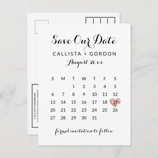 黒エレガントモダン色バラ金ゴールドハートカレンダー 案内ポストカード (正面/裏面)