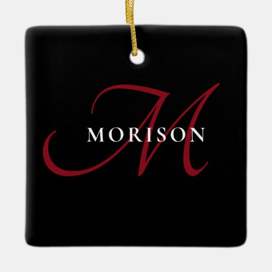 黒エレガントモダン赤文字モノグラム セラミックオーナメント (正面)