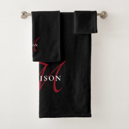 黒エレガントモダン赤文字モノグラム バスタオルセット