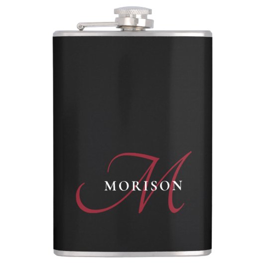 黒エレガントモダン赤文字モノグラム フラスク (正面)