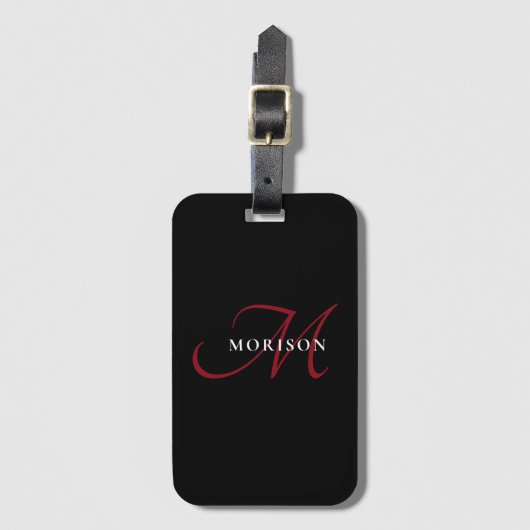 黒エレガントモダン赤文字モノグラム ラゲッジタグ (正面縦)