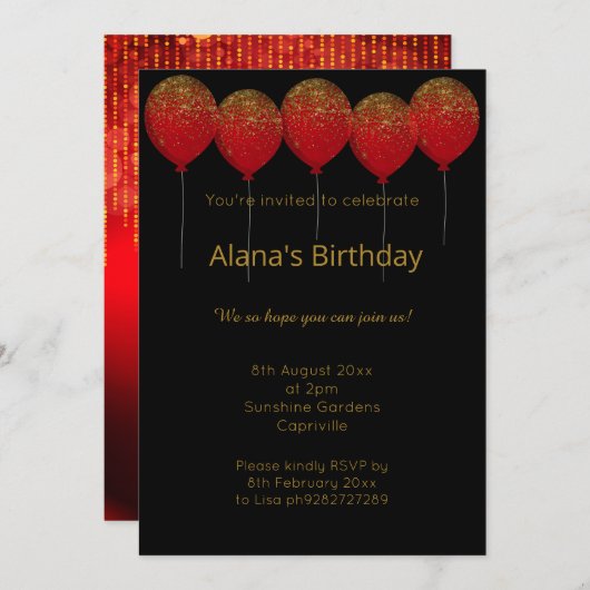 黒エレガントモダン赤金ゴールドスパークルすべての行事 招待状 (正面/裏面)