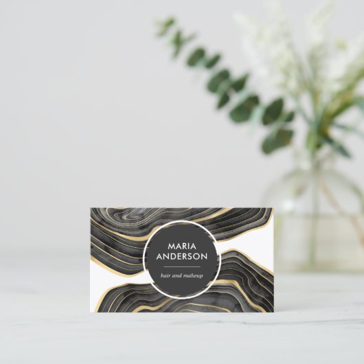 黒エレガントモダン金ゴールドアゲートゲードジェムストーン 名刺 (スタンド正面)