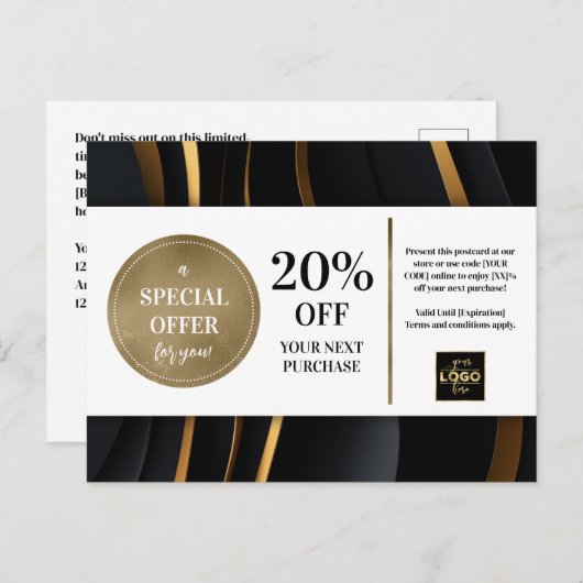 黒エレガントモダン金ゴールドクーポン割引 ポストカード (正面/裏面)