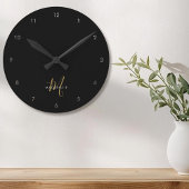 黒エレガントモダン金ゴールドスクリプトモノグラム ラウンド壁時計