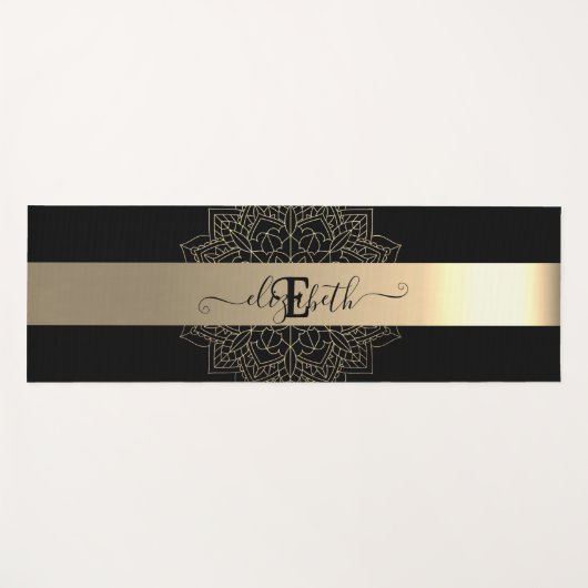 黒エレガントモダン金ゴールドストライプフローラ曼荼羅 ヨガマット (正面(横))