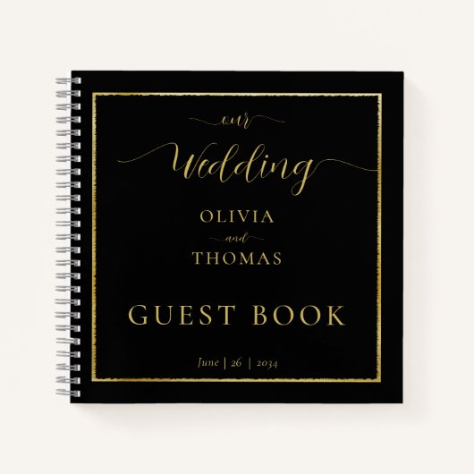 黒エレガントモダン金ゴールドフレ結婚ームのゲストブック ノートブック (正面)