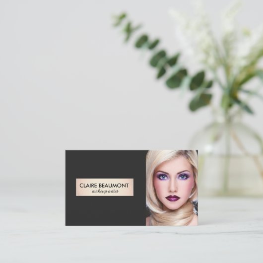 黒エレガントモダン金ゴールドプラークサロンフォトカード 名刺 (スタンド正面)