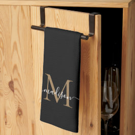 黒エレガントモダン金ゴールドモノグラムスクリプト名 キッチンタオル