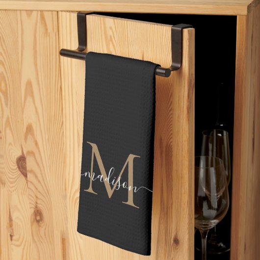 黒エレガントモダン金ゴールドモノグラムスクリプト名 キッチンタオル (三つ折り)