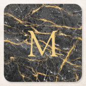 黒エレガントモダン金ゴールド大理石モノグラム スクエアペーパーコースター (正面)