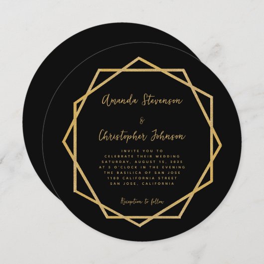 黒エレガントモダン金ゴールド幾何結婚式 招待状 (正面/裏面)