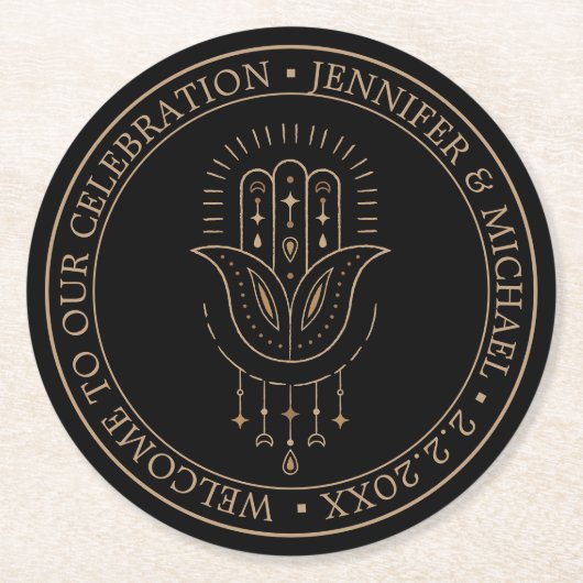 黒エレガントモダン金ゴールド結婚神秘的 ラウンドペーパーコースター (正面)