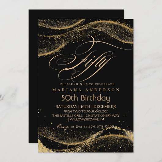黒エレガントモダン金ゴールド50誕生日インビタ 招待状 (正面/裏面)