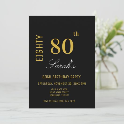黒エレガントモダン&金ゴールド80誕生日 招待状 (スタンド正面)