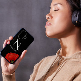 黒エレガントモノグラムのに赤いポピー iPhone 16ケース