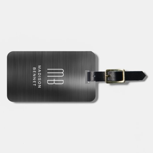 黒エレガントモノグラムのブラシ仕上げ金属 ラゲッジタグ (正面横)