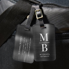 黒エレガントモノグラムのブラシ仕上げ金属 ラゲッジタグ