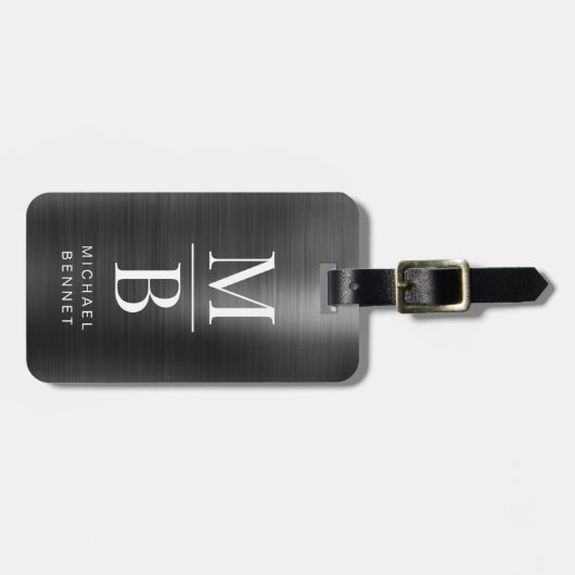 黒エレガントモノグラムのブラシ仕上げ金属 ラゲッジタグ (正面横)
