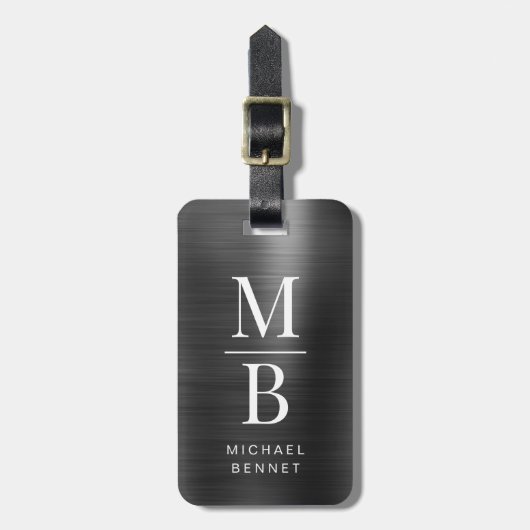 黒エレガントモノグラムのブラシ仕上げ金属 ラゲッジタグ (正面縦)