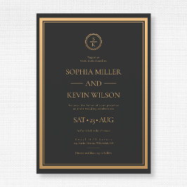 黒エレガントモノグラムのモダン結婚金ゴールド 招待状