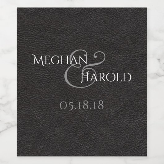 黒エレガントモノグラムの革結婚式の引き出物 ワインラベル (シングルラベル)