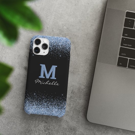 黒エレガントモノグラムライトブルーグリッター Case-Mate iPhoneケース